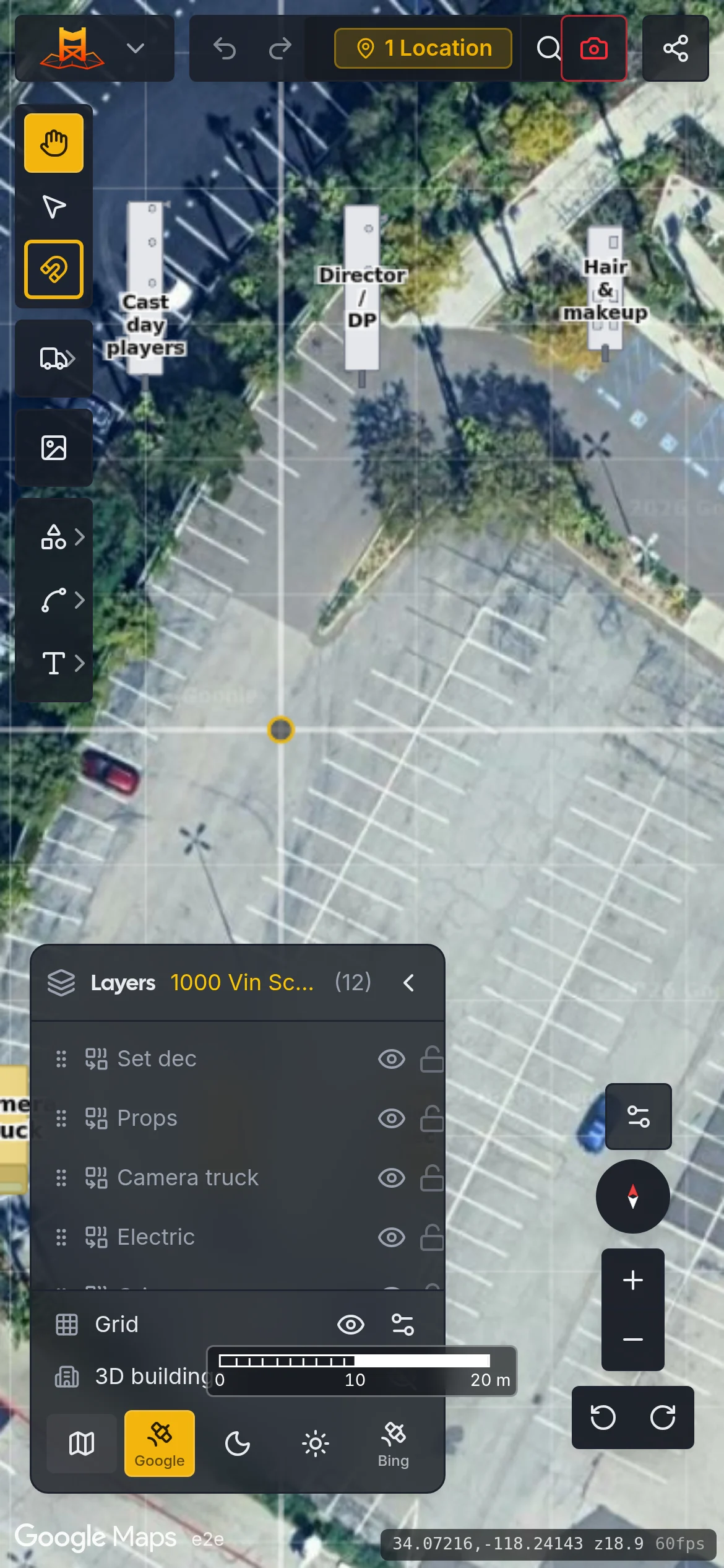 The layers panel open on a phone, listing the vehicles on the map.